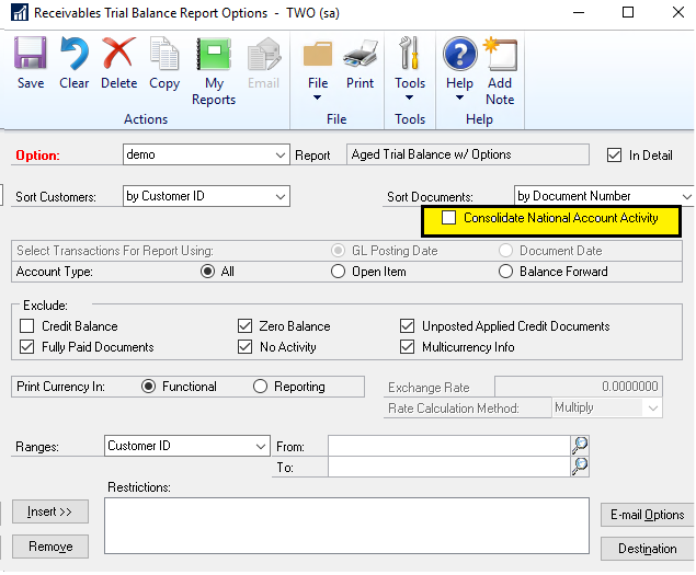 Reporting – Aged Trial Balance options and SmartList options